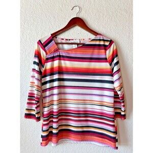 Peck & Peck Bright Colored Striped Shirt With 3/4 Sleeves - Women Medium